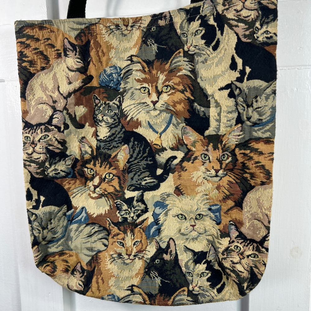 Vintage Style Woven Tapestry Cat Print Tote Bag Feline Montage Multi Color